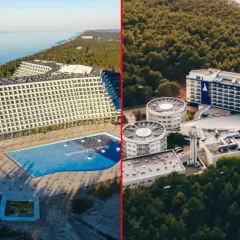 Hotel Gołębiewski nad morzem, z basenem i otoczony lasem.