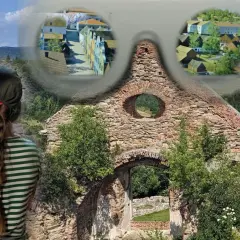 Dziewczynka patrzy na ruiny, a w tle wirtualne wizje miasteczek. Idealne na tanie wycieczki objazdowe z Rzeszowa.