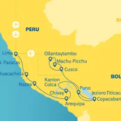 Mapa Peru z trasą wycieczki: Lima, Paracas, Nazca, Arequipa, Colca, Puno, Jezioro Titicaca, Cusco, Ollantaytambo i Machu Picchu.