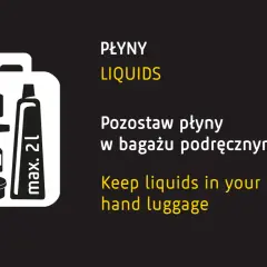 Ikona walizki z kosmetykami i napisem "Pozostaw płyny w bagażu podręcznym".