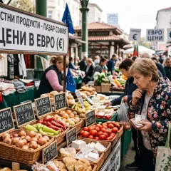 Targ w Sofii, gdzie lokalne produkty mają ceny w euro. Kobieta wybiera warzywa, sprawdzając ceny.