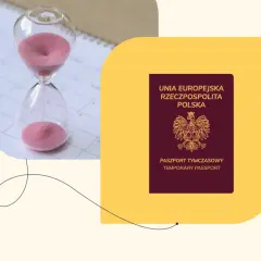 Klepsydra na kalendarzu i paszport tymczasowy symbolizują upływający czas i potrzebę pilnego dokumentu.