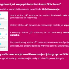 Statusy płatności w EXIM tours: B - brak, U - pełna, Z - zaliczka, C - częściowa. Unikaj problemów z exim tours bankructwo, sprawdzaj statusy.