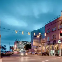 Napis "VENICE" rozświetla nocne niebo nad ulicą w Venice Beach. Widać budynki, samochody i znaki drogowe.
