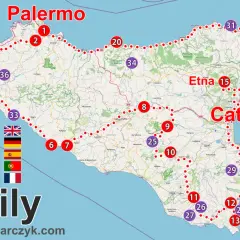 Mapa Sycylii z zaznaczonymi punktami turystycznymi, trasą i nazwami miast Palermo i Katania.