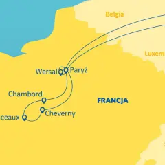 Mapa Francji z zaznaczonymi trasami do zamków nad Loarą: Wersal, Paryż, Chambord, Chenonceaux, Cheverny.