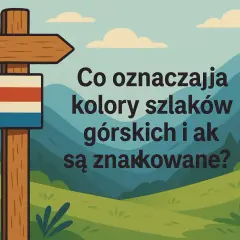 Drewniany drogowskaz górski z tabliczką w kolorach czerwonym, białym i niebieskim na tle gór.