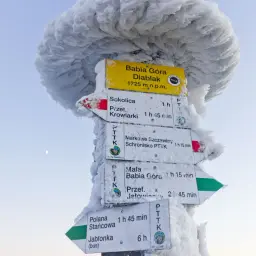 Zimowe szlaki na Babiej Górze. Znak wskazujący kierunki i czasy przejścia na Diablaku, 1725 m n.p.m., pokryty lodem.