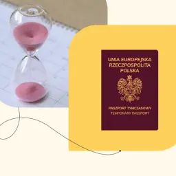 Klepsydra na kalendarzu i paszport tymczasowy symbolizują upływający czas i potrzebę pilnego dokumentu.