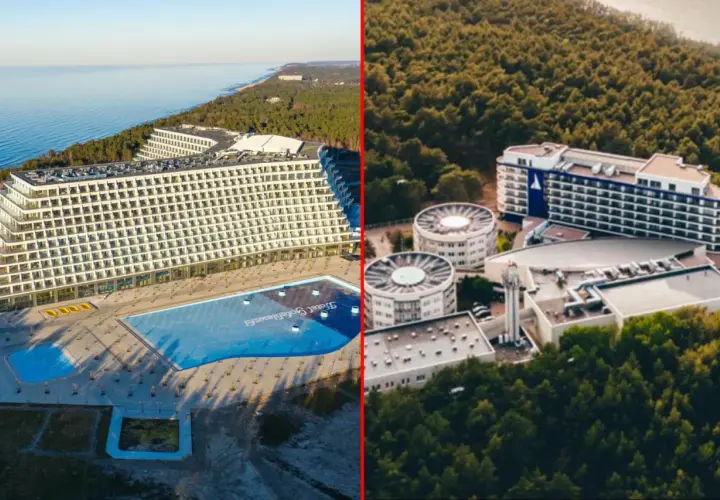 Hotel Gołębiewski nad morzem, z basenem i otoczony lasem.