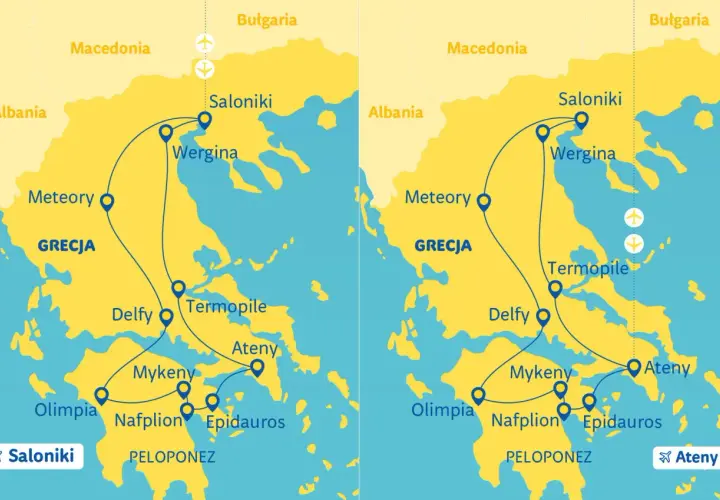 Mapa Grecji z zaznaczoną trasą wycieczki objazdowej Grecja 10 dni: Saloniki, Meteory, Delfy, Ateny, Peloponez.