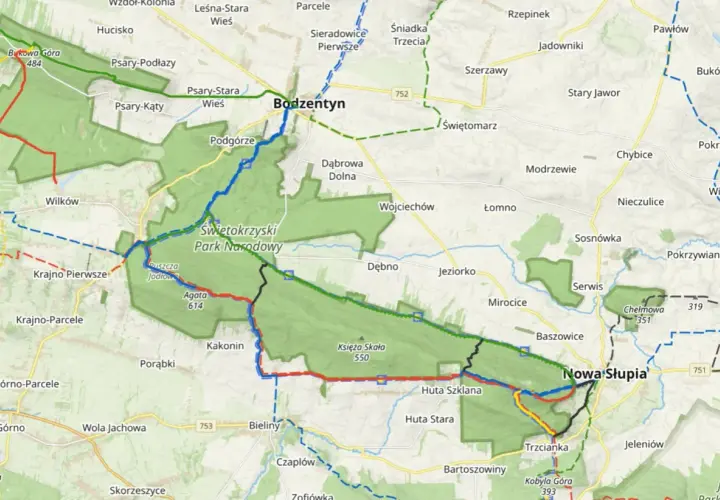 Mapa szlaków turystycznych w Świętokrzyskim Parku Narodowym. Ciekawostki przyrodnicze i historyczne na trasach wokół Bodzentyna i Nowej Słupi.