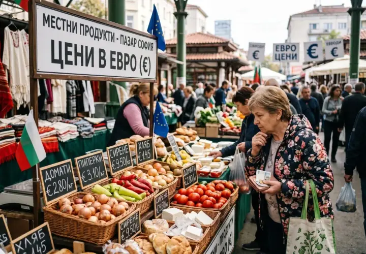 Targ w Sofii, gdzie lokalne produkty mają ceny w euro. Kobieta wybiera warzywa, sprawdzając ceny.
