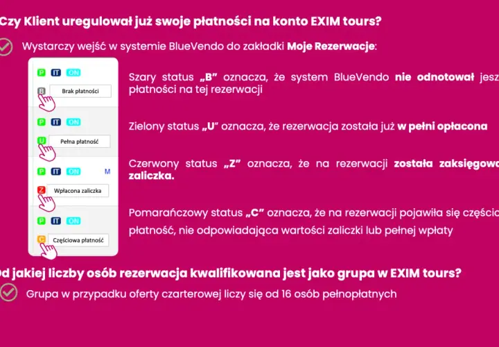Statusy płatności w EXIM tours: B - brak, U - pełna, Z - zaliczka, C - częściowa. Unikaj problemów z exim tours bankructwo, sprawdzaj statusy.
