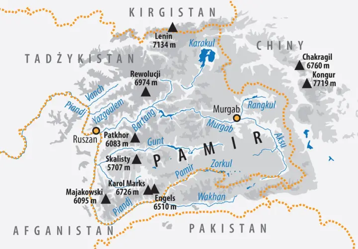 Mapa Gór Pamir z zaznaczonymi szczytami (Lenin 7134 m, Kongur 7719 m) i rzekami (Piandj, Bartang).
