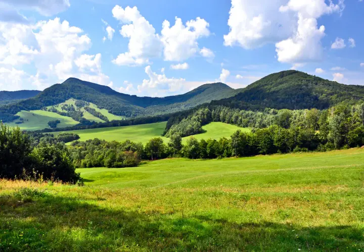 Zielone, pofałdowane łąki i lasy na tle błękitnego nieba z chmurami. W oddali widać łagodne, zalesione **beskid niski szczyty**.