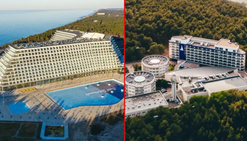 Hotel Gołębiewski nad morzem, z basenem i otoczony lasem.