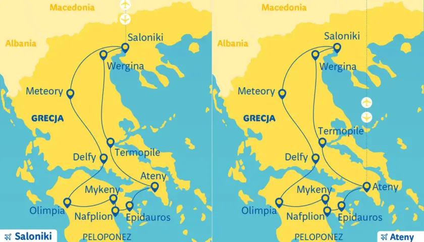 Mapa Grecji z zaznaczoną trasą wycieczki objazdowej Grecja 10 dni: Saloniki, Meteory, Delfy, Ateny, Peloponez.