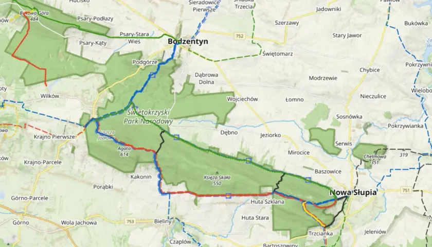 Mapa szlaków turystycznych w Świętokrzyskim Parku Narodowym. Ciekawostki przyrodnicze i historyczne na trasach wokół Bodzentyna i Nowej Słupi.