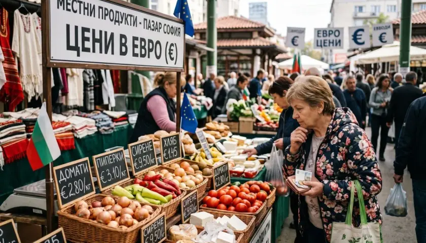 Targ w Sofii, gdzie lokalne produkty mają ceny w euro. Kobieta wybiera warzywa, sprawdzając ceny.