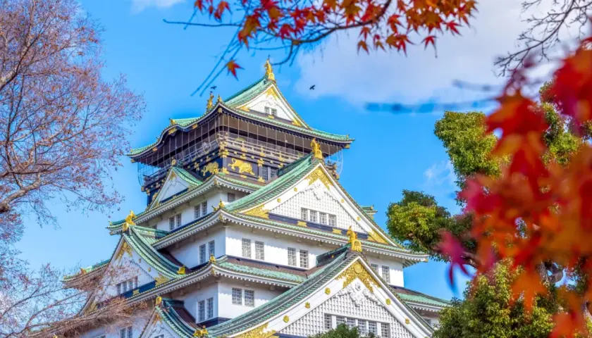 Zamek w Osace, jeden z najpiękniejszych zabytków, który warto zobaczyć w Japonii. Jesienne liście dodają mu uroku.