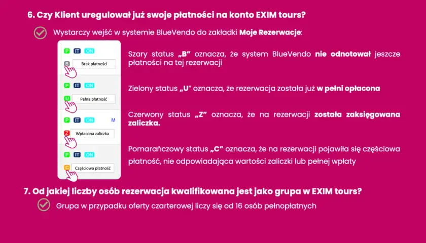 Statusy płatności w EXIM tours: B - brak, U - pełna, Z - zaliczka, C - częściowa. Unikaj problemów z exim tours bankructwo, sprawdzaj statusy.
