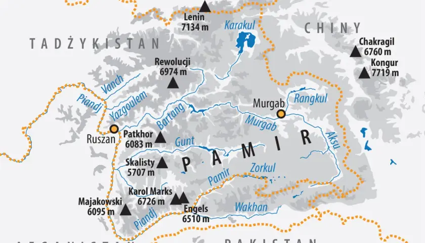 Mapa Gór Pamir z zaznaczonymi szczytami (Lenin 7134 m, Kongur 7719 m) i rzekami (Piandj, Bartang).