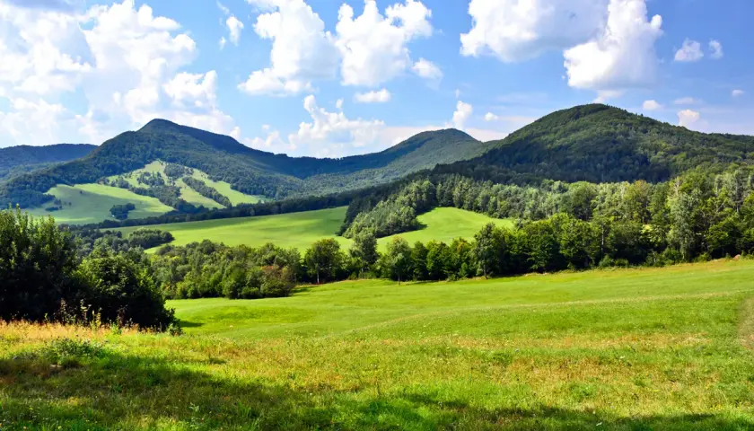 Zielone, pofałdowane łąki i lasy na tle błękitnego nieba z chmurami. W oddali widać łagodne, zalesione **beskid niski szczyty**.