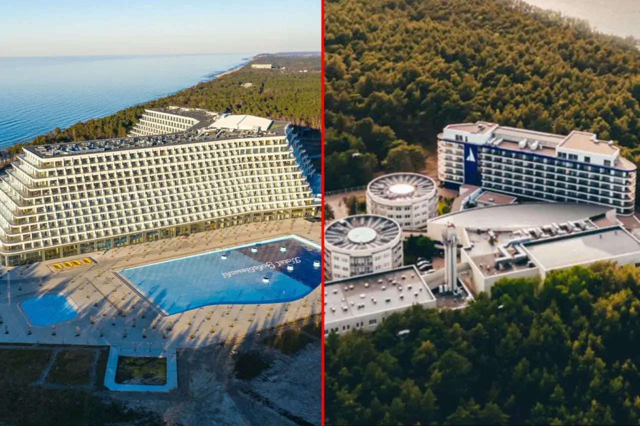 Hotel Gołębiewski nad morzem, z basenem i otoczony lasem.