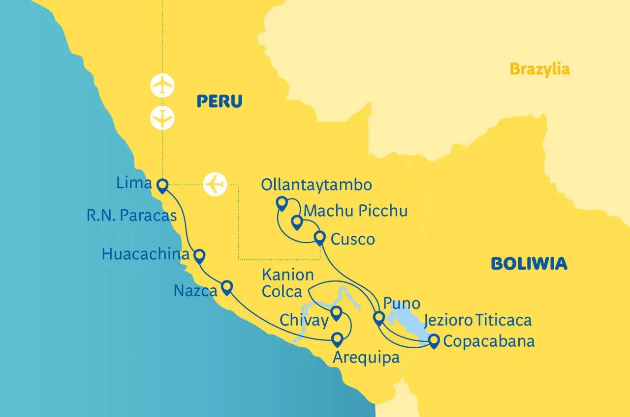 Mapa Peru z trasą wycieczki: Lima, Paracas, Nazca, Arequipa, Colca, Puno, Jezioro Titicaca, Cusco, Ollantaytambo i Machu Picchu.