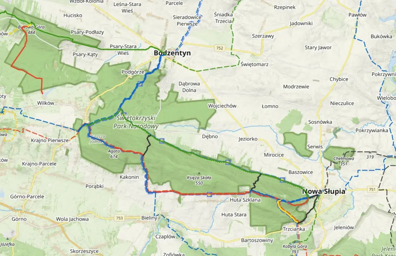 Mapa szlaków turystycznych w Świętokrzyskim Parku Narodowym. Ciekawostki przyrodnicze i historyczne na trasach wokół Bodzentyna i Nowej Słupi.