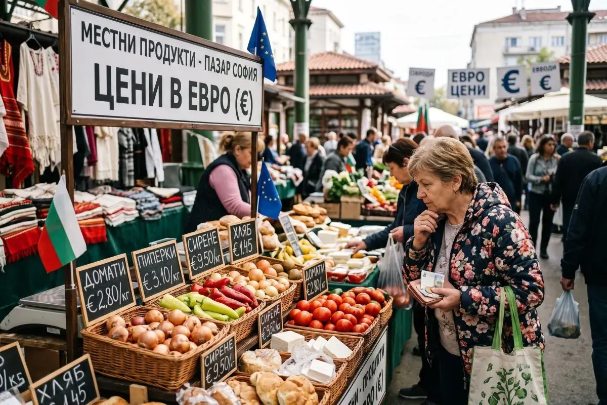 Targ w Sofii, gdzie lokalne produkty mają ceny w euro. Kobieta wybiera warzywa, sprawdzając ceny.