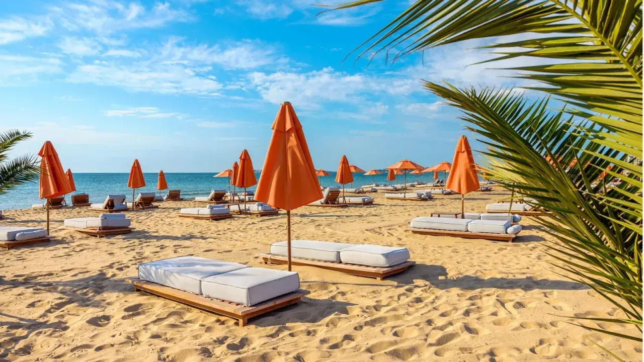 Słoneczna plaża na Złotych Piaskach w Bułgarii. Leżaki i pomarańczowe parasole czekają na turystów, oferując relaks wśród atrakcji kurortu.