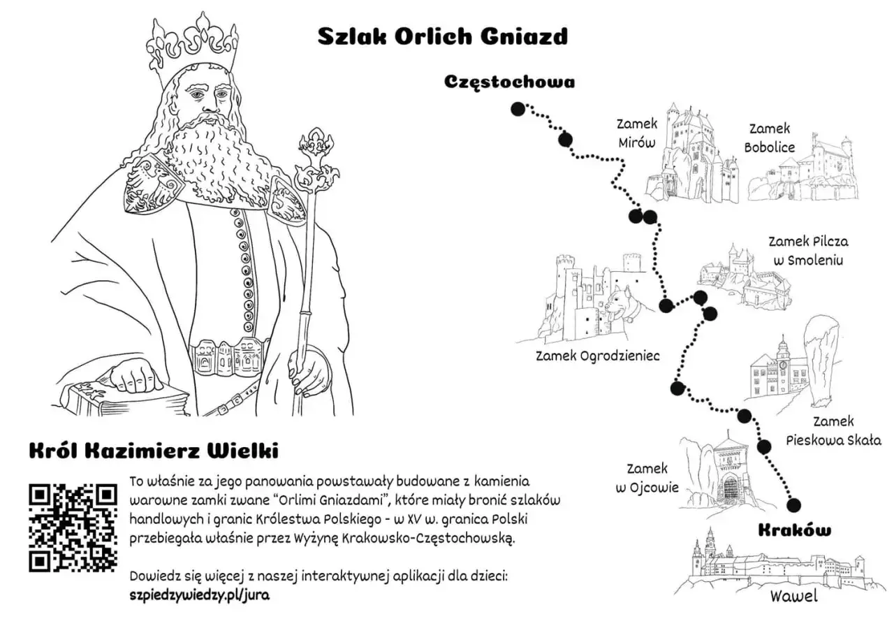 Król Kazimierz Wielki i mapa Szlaku Orlich Gniazd z zamkami: Mirów, Bobolice, Ogrodzieniec, Pilcza, Pieskowa Skała, Ojcowie, Kraków i Wawel.