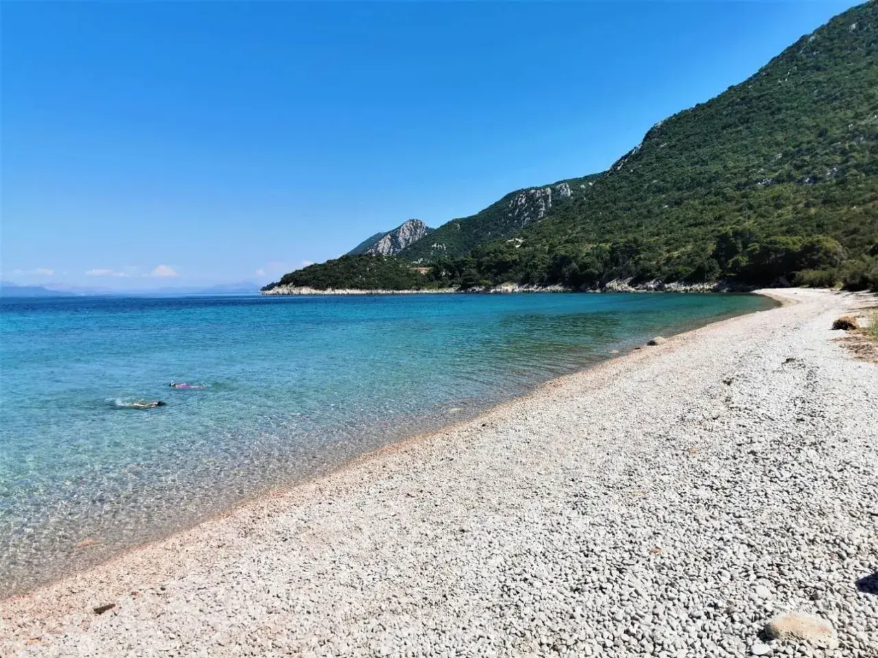 Chorwacja plaże piaszczyste, krystalicznie czysta woda i zielone wzgórza. Dwie osoby pływają w morzu.