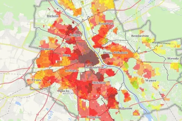 mapa cen noclegów Warszawa dzielnice