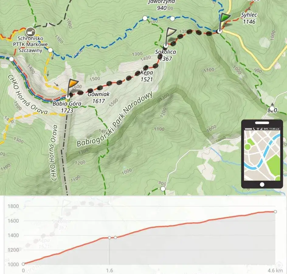 Babia G&oacute;ra szlak czerwony Krowiarki mapa
