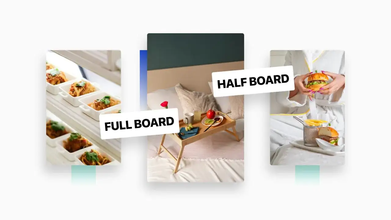 Trzy obrazy: pełne wyżywienie (przystawki), half board (śniadanie do łóżka) i posiłek (burger).