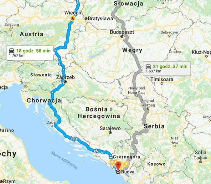 Mapa trasy Polska Czarnog&oacute;ra noclegi tranzytowe