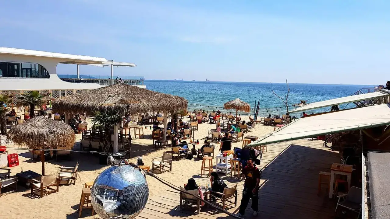 Plaża w Bułgarii z parasolami, leżakami i ludźmi. Sprawdzamy ceny w barze na plaży.