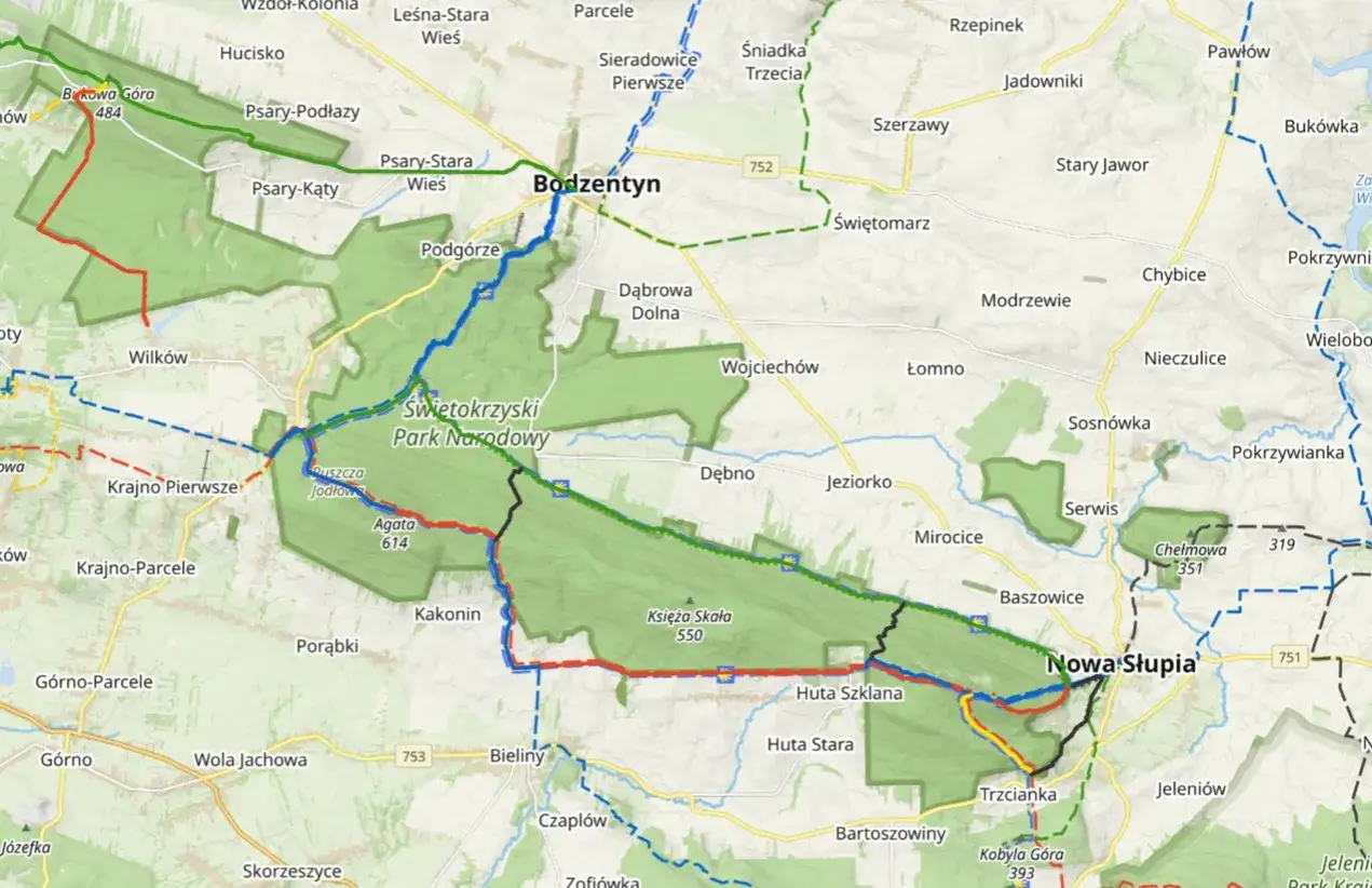 Mapa szlaków turystycznych w Świętokrzyskim Parku Narodowym. Ciekawostki przyrodnicze i punkty widokowe, jak np. Święta Katarzyna czy gołoborza.