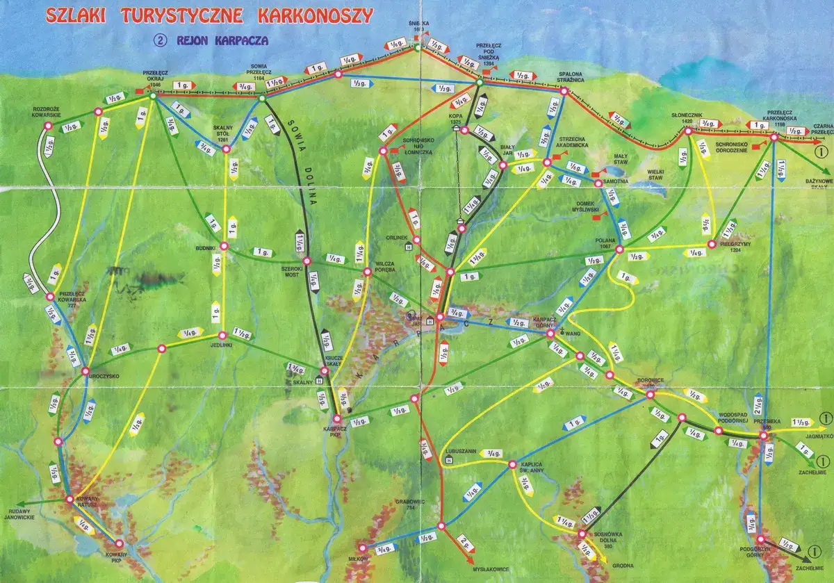 Mapa szlaków turystycznych Karkonoszy, region Karpacza. Znajdziesz tu trasy prowadzące do Śnieżki, Wielkiego Stawu i innych malowniczych miejsc.