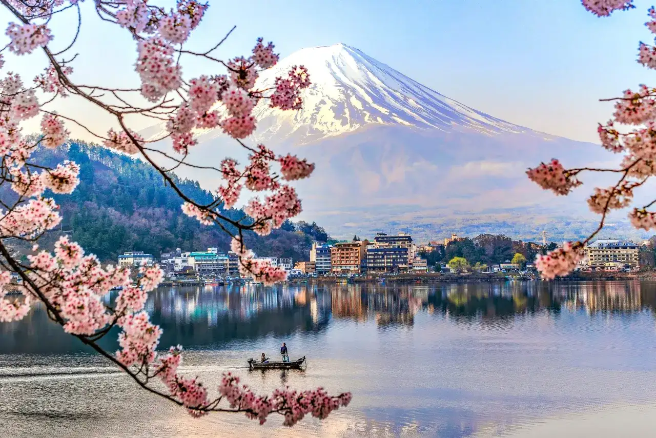 Japonia co zobaczyć: kwitnąca wiśnia nad jeziorem z widokiem na górę Fudżi i łódź z rybakami.