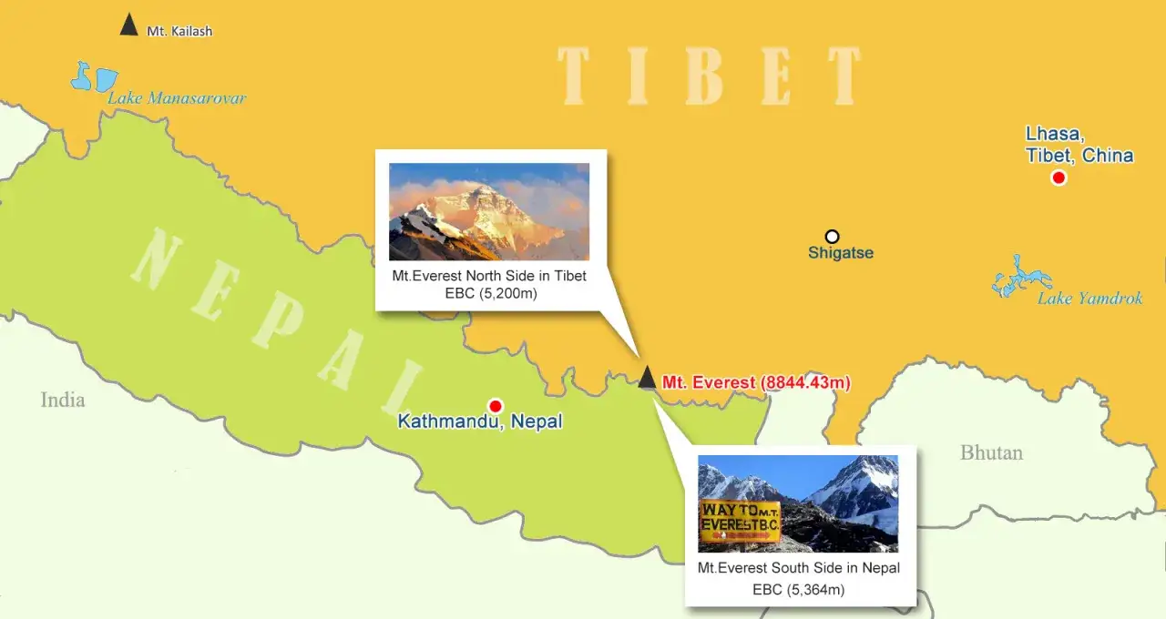 Mapa pokazuje, gdzie jest Mount Everest, na granicy Nepalu i Tybetu. Widok z obu stron góry.