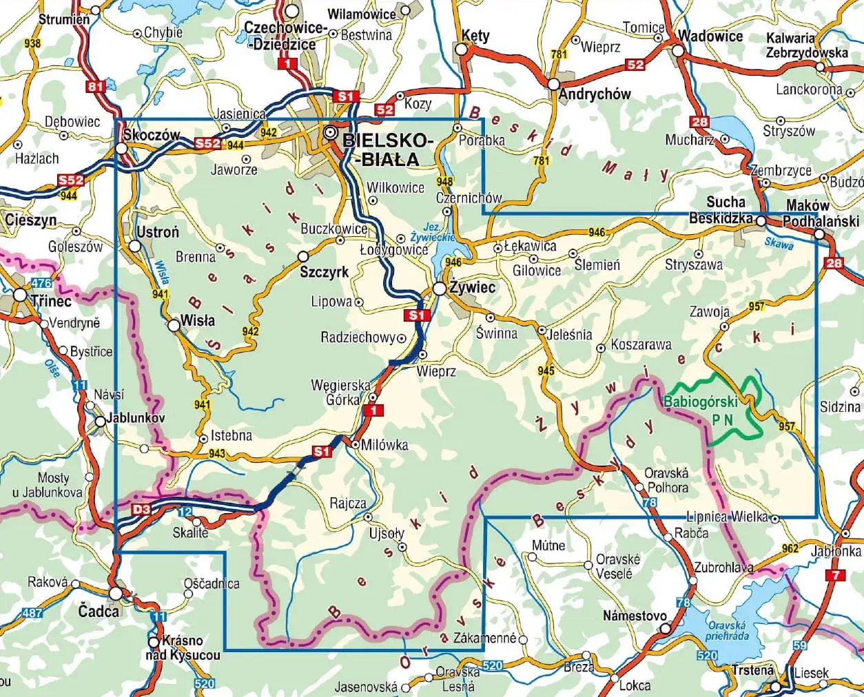 Mapa szlaków turystycznych Beskid Żywiecki Mały Śląski
