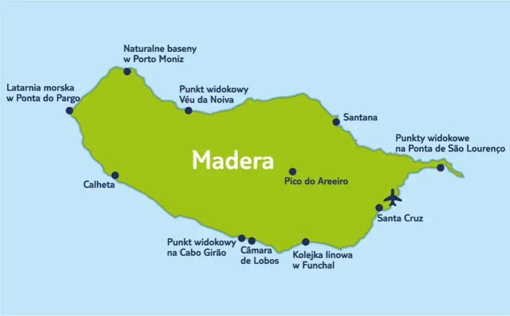 Mapa Madery z zaznaczonymi regionami turystycznymi