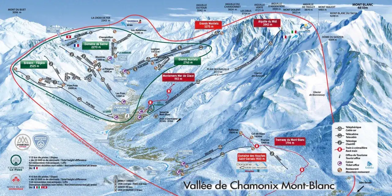 Mapa turystyczna Doliny Chamonix Mont-Blanc z zaznaczonymi szczytami, trasami narciarskimi i kolejkami.
