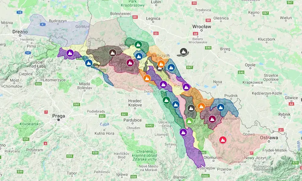 Mapa pasm górskich Sudety Polska