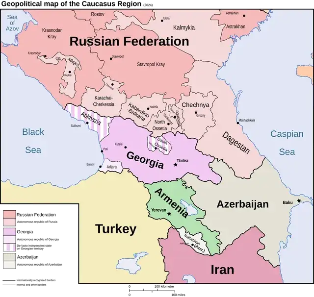 Mapa podziału Kaukazu na Wielki i Mały