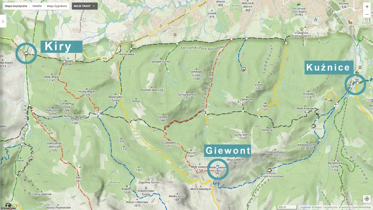 Mapa szlaku na Giewont z Kuźnic
